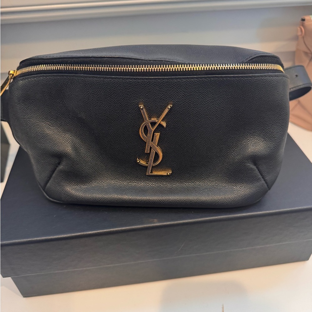 Saint Laurent Black Leather Toiletry Bag with Gold YSL Logo